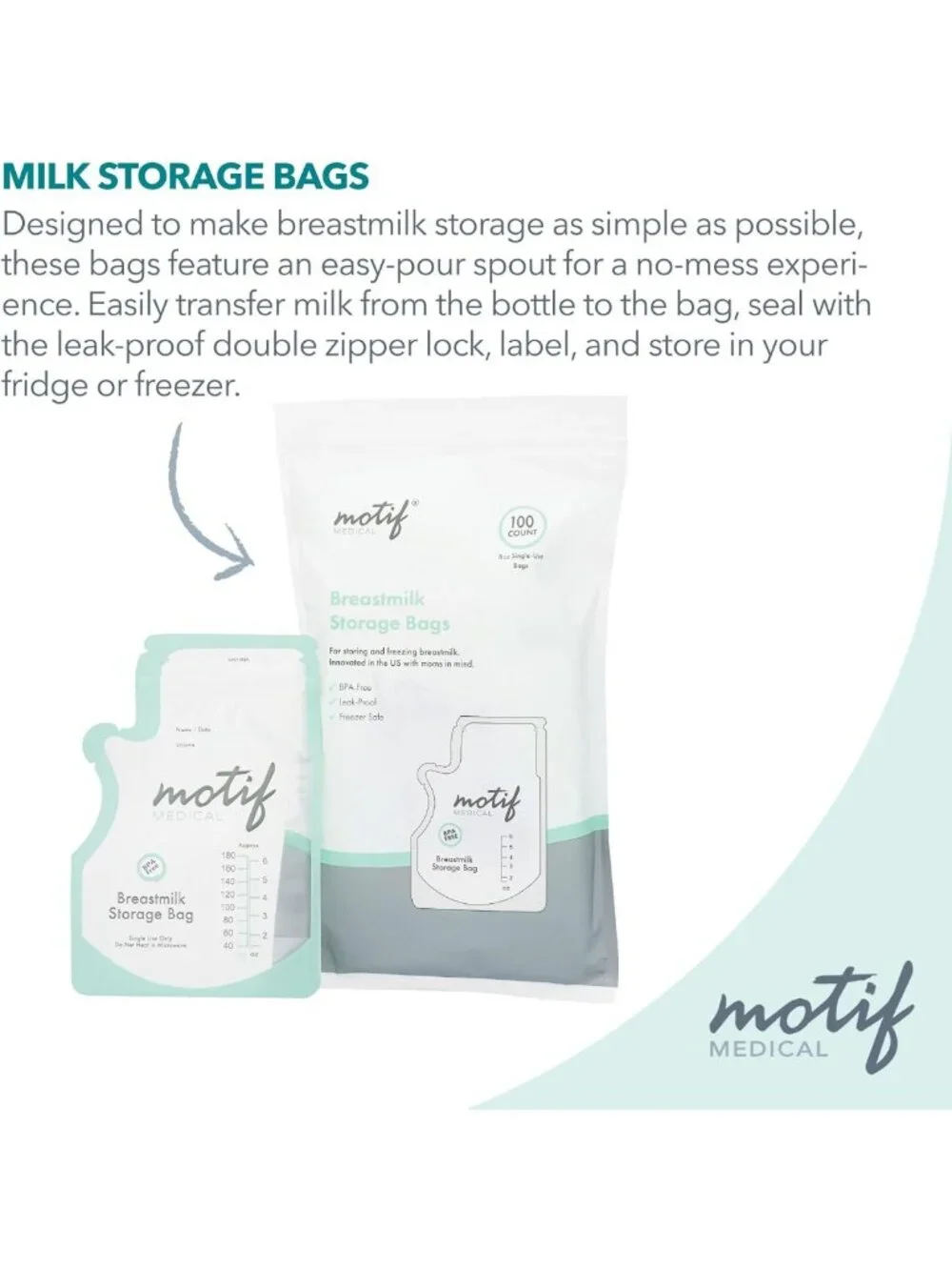 Breastmilk Storage Bags with Easy Pour Spout - Leak-Proof Freezer Bags, 100